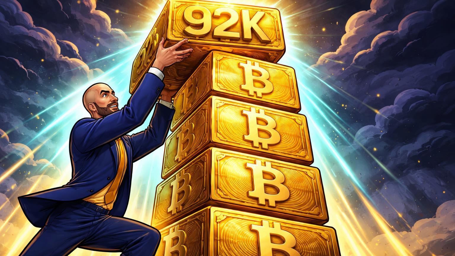 Executivo cartoon estilizado empilhando blocos Bitcoin dourados com '92K' no topo, superando nuvens de crise Fed, simbolizando acumulação bilionária da Strategy
