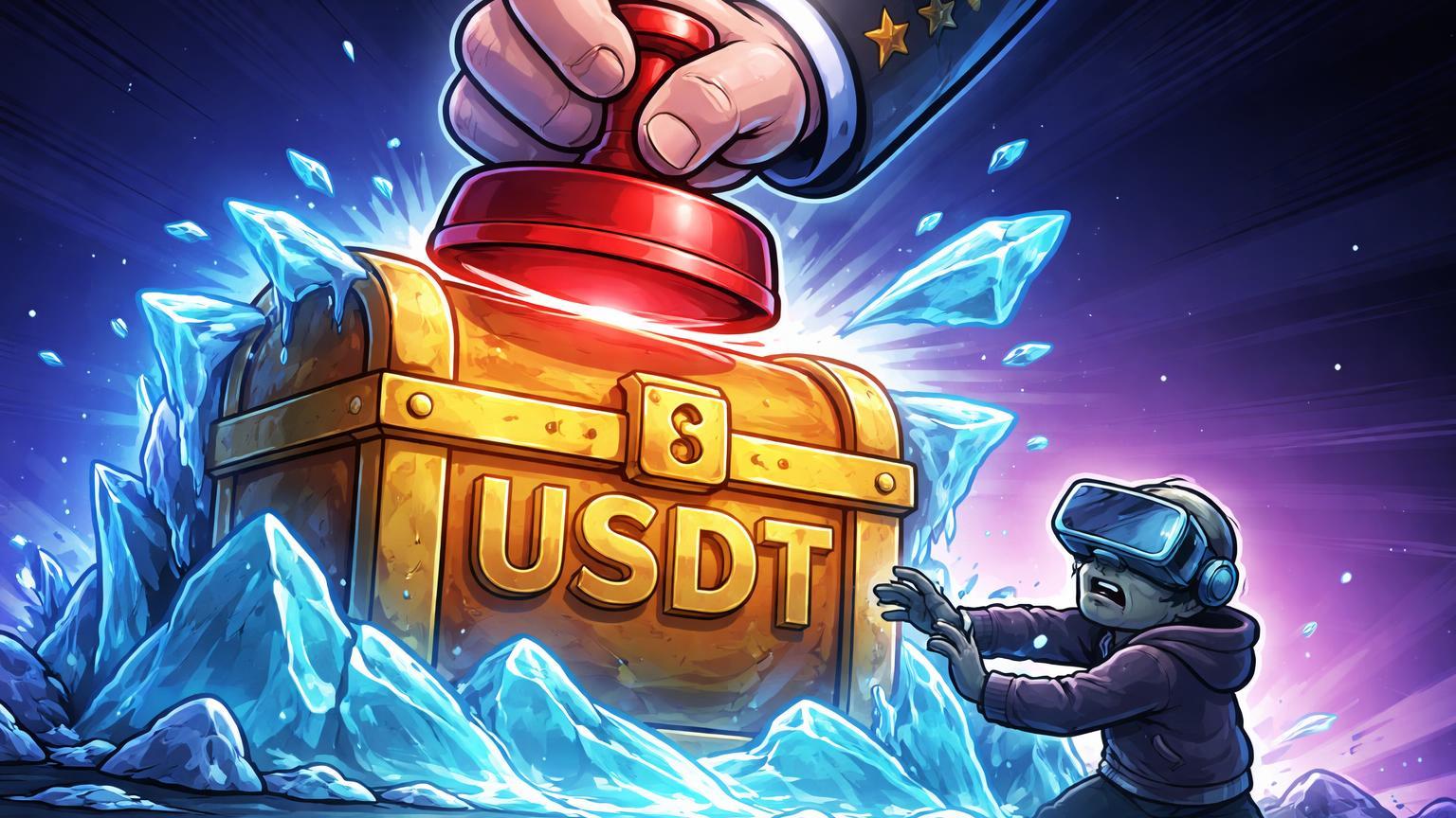 Mão burocrática selando baú USDT com gelo e carimbo vermelho, usuário cartoon bloqueado, simbolizando sanções EUA na rede Tron