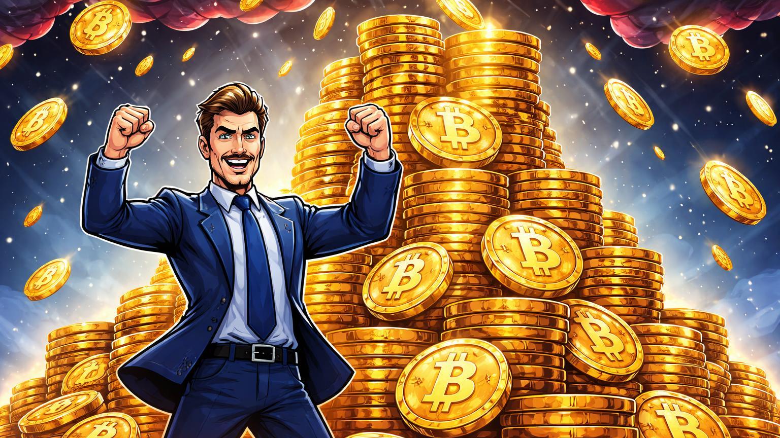 Executivo cartoon confiante empilhando montanha de moedas Bitcoin sob chuva de BTC, simbolizando acumulação agressiva da Strategy após queda