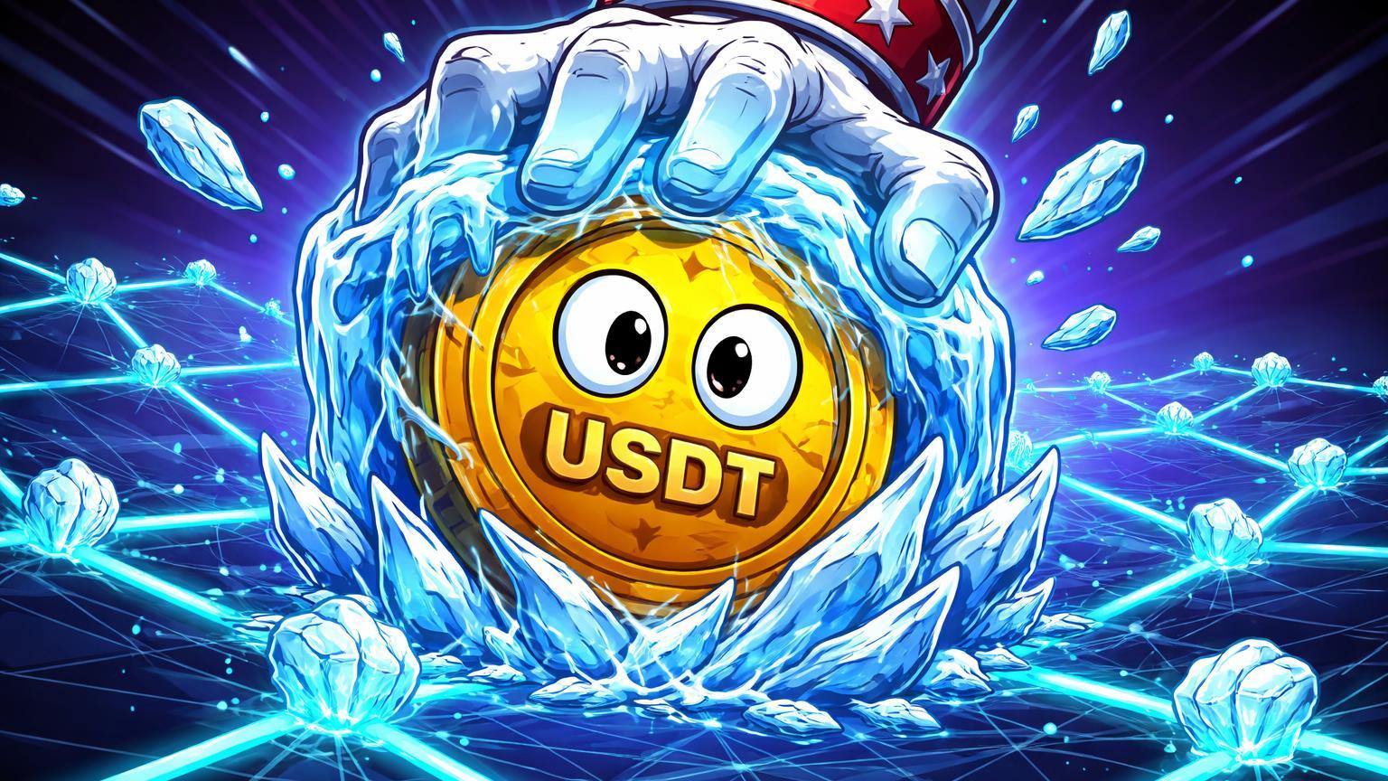 Personagem USDT cartoon sendo congelado por mão regulatória gigante em rede Tron, alertando riscos de centralização em stablecoins