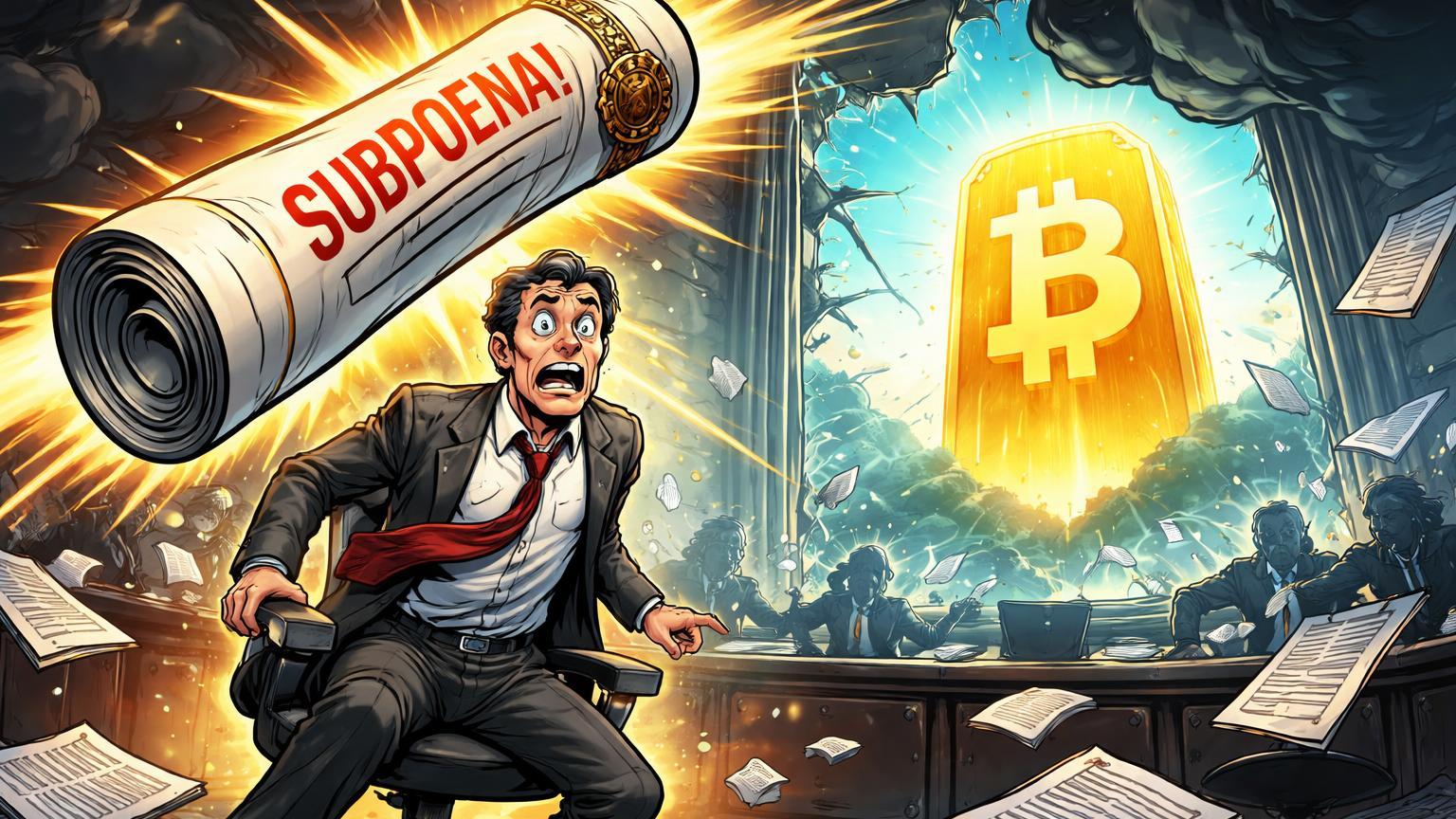 Banqueiro central cartoon sob subpoena gigante em sala caótica do Fed, com Bitcoin dourado brilhando pela janela como refúgio, simbolizando prêmio de risco