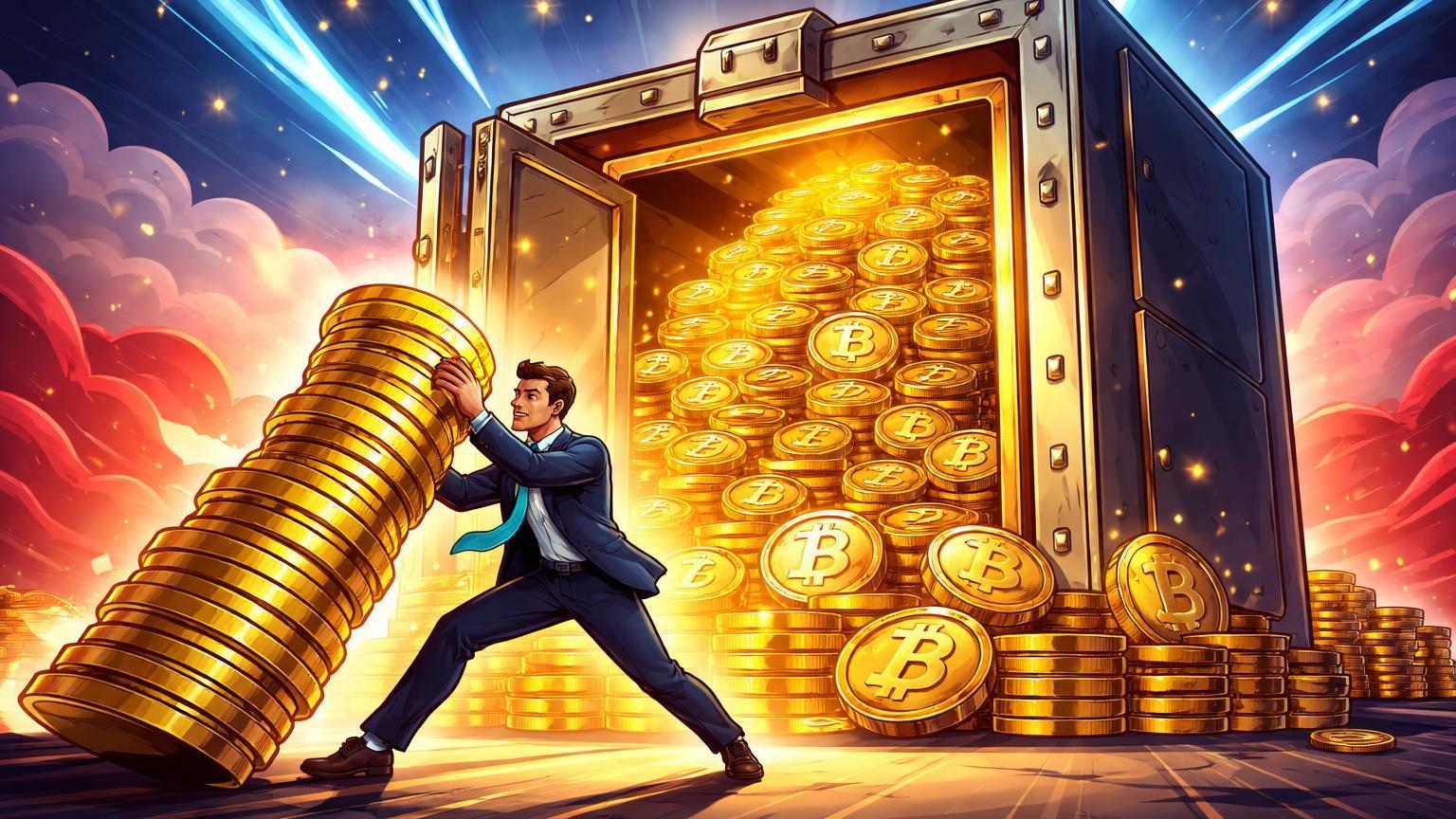 Executivo cartoon empurrando pilha de Bitcoin para cofre tesouraria transbordante, simbolizando aquisição de US$1,25 bi pela Strategy e adoção institucional