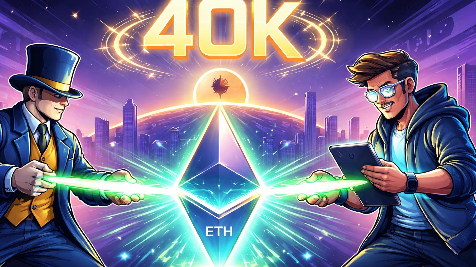 Executivos cartoon de Standard Chartered e Bitmine stakeando em prisma ETH projetando holograma 40K, apostando na supremacia do Ether em 2030