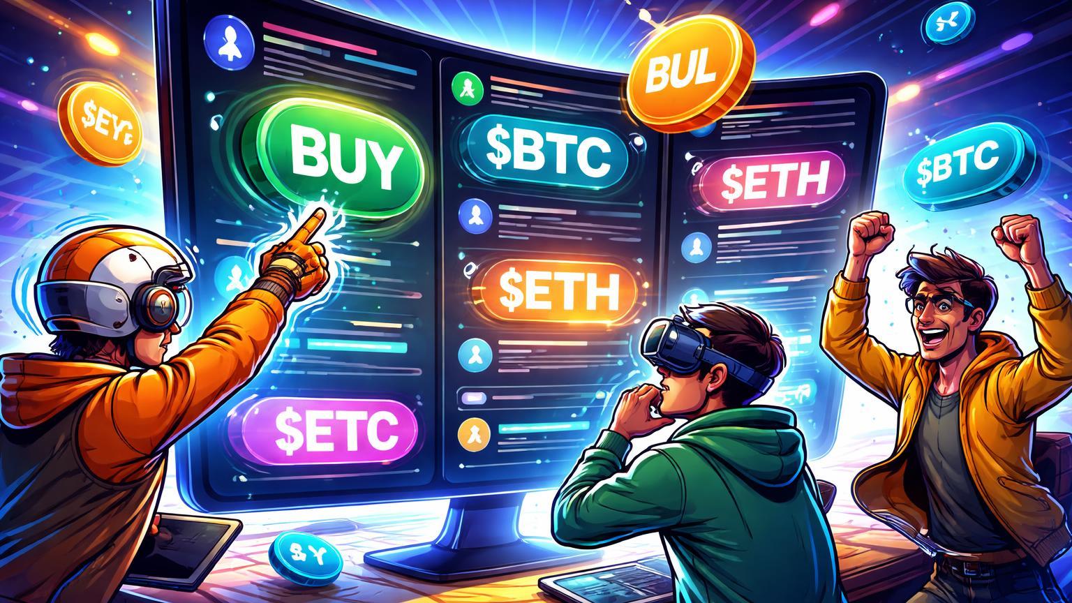Traders cartoon interagindo com feed gigante do X, cashtags transformando em botões buy/sell luminosos, ilustrando Smart Cashtags para trading cripto