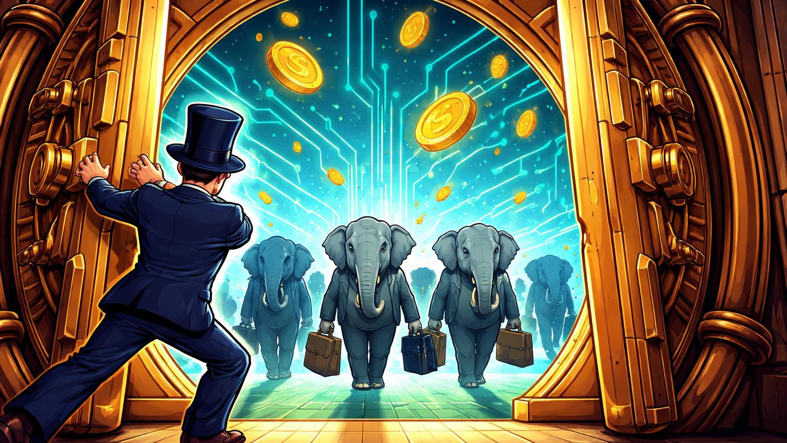 Banqueiro cartoon abrindo portas de cofre para horizonte cripto neon com elefantes investidores entrando, simbolizando adoção institucional pela Standard Chartered