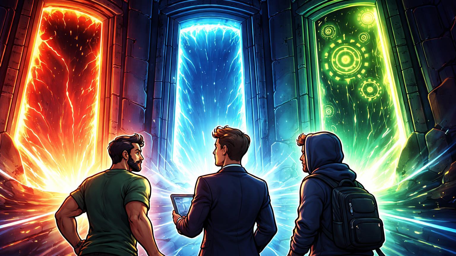 Investidores cartoon diante de três portas luminosas vermelha, azul e verde se abrindo, simbolizando CPI, PPI e hard fork BNB Chain