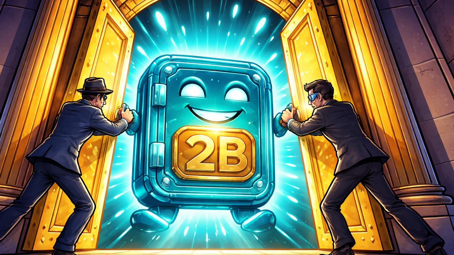 Executivos cartoon abrindo portas da NYSE para cofre digital com '2B' dourado, simbolizando IPO da BitGo com valuation de US$ 2 bilhões