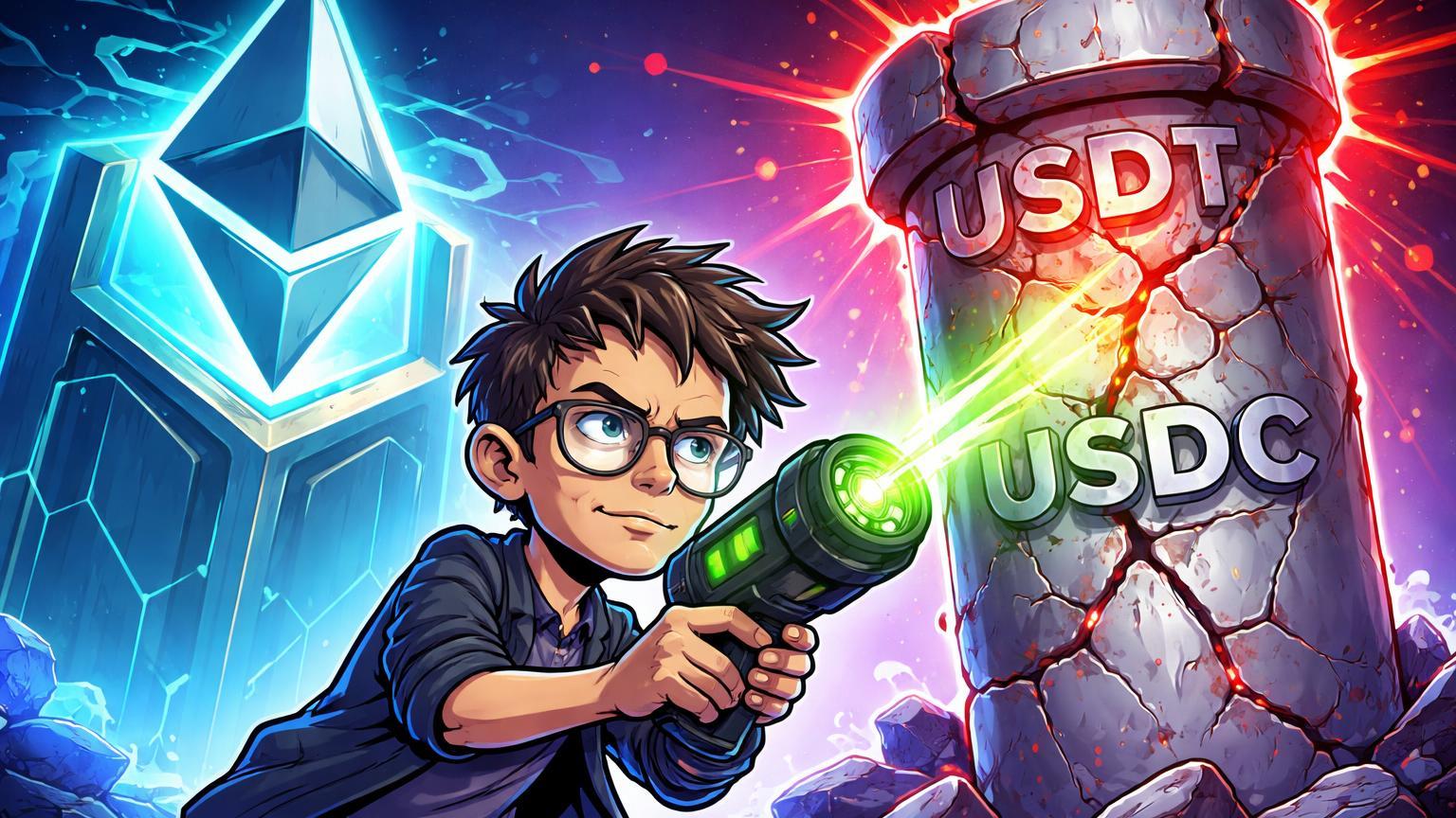 Vitalik cartoon inspecionando stablecoin rachada com scanner de resiliência ao lado de estrutura Ethereum forte, alertando riscos estruturais
