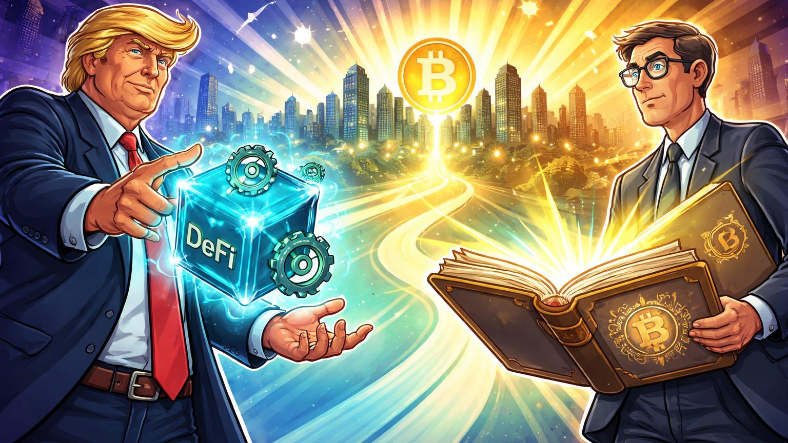 Personagens cartoon de Trump lançando DeFi e SEC abrindo livro Clarity Act, iluminando caminho para otimismo cripto nos EUA