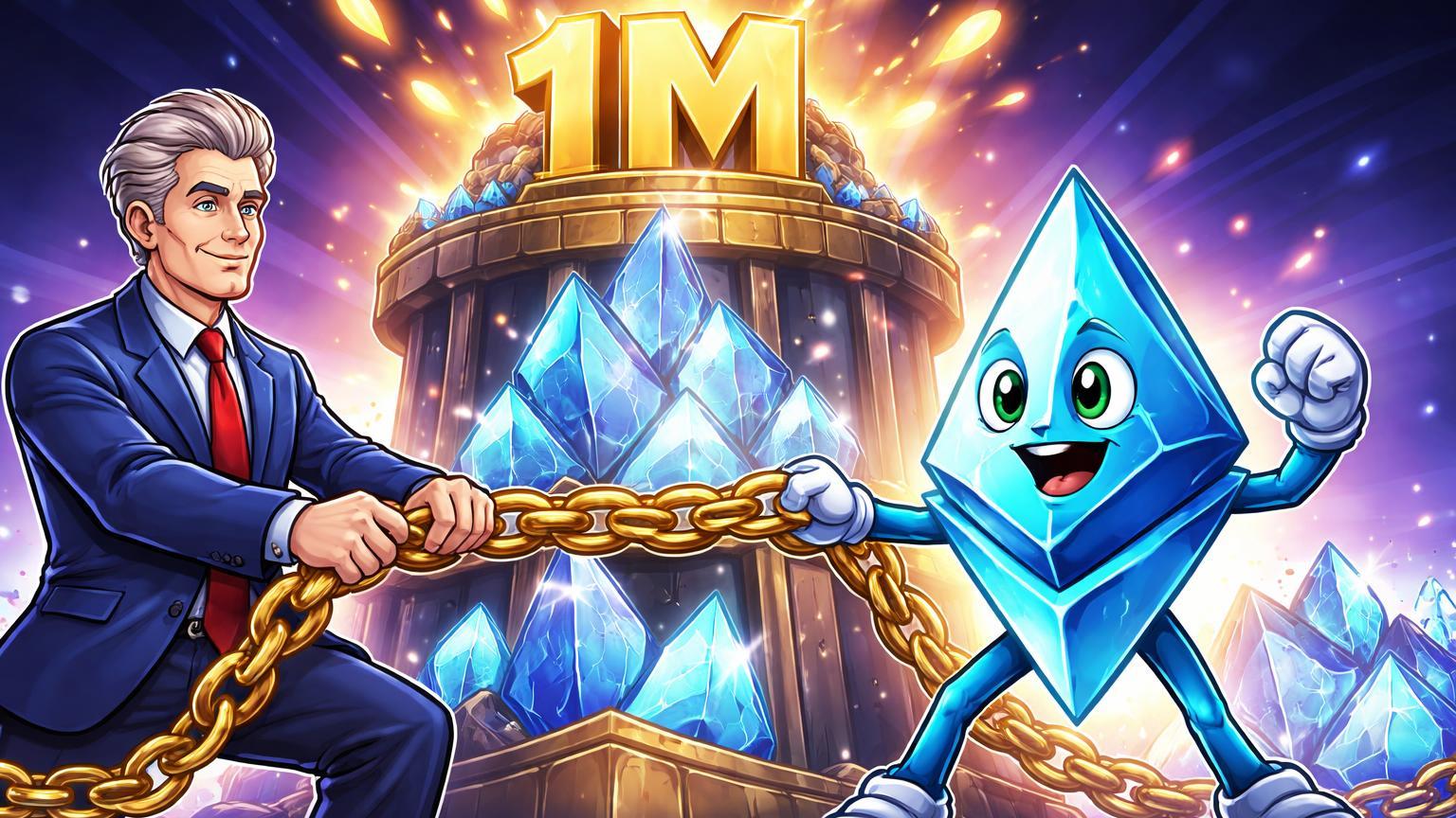 Executivos cartoon estilizados travando corrente de 1M ETH com yield dourado emanando, simbolizando staking institucional da BitMine