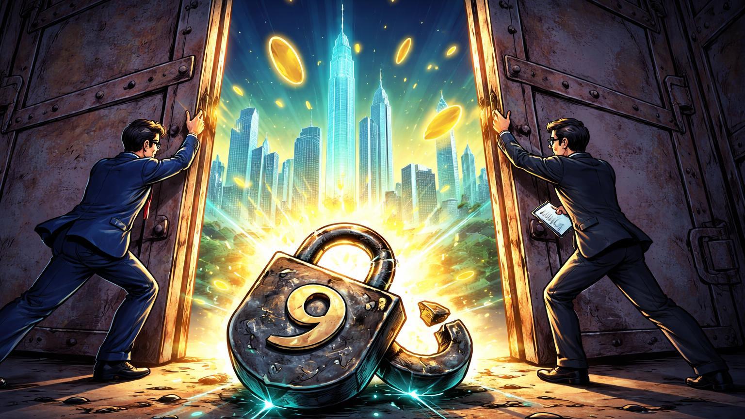 Executivos cartoon abrindo portas enferrujadas com cadeado '9' quebrado para skyline cripto neon, simbolizando libertação regulatória na Coreia do Sul