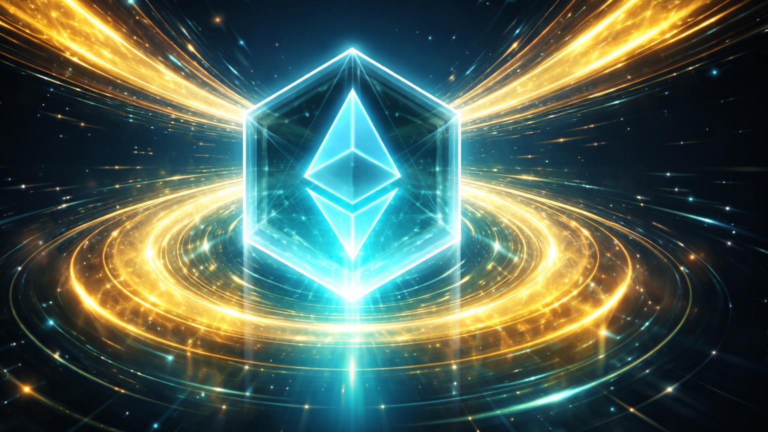 Prisma hexagonal translúcido de Ethereum acumulando influxos dourados massivos com bordas seladas, simbolizando fila de unstaking zerada e stake bilionário da Bitmine