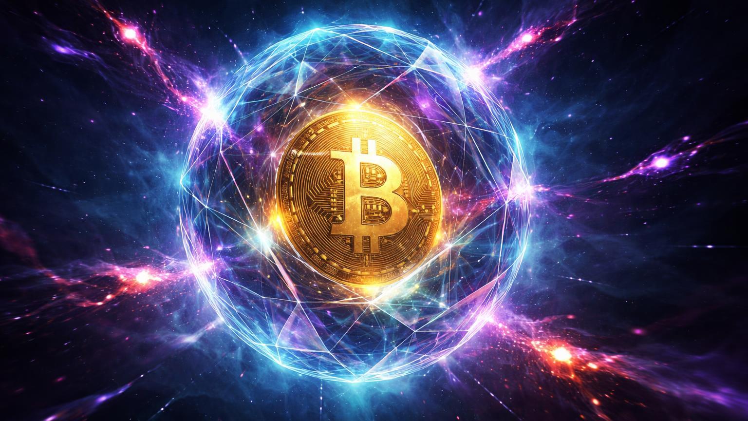Núcleo dourado Bitcoin envolto em rede cristalina pós-quântica repelindo partículas quânticas caóticas, simbolizando proteção contra ataques futuros