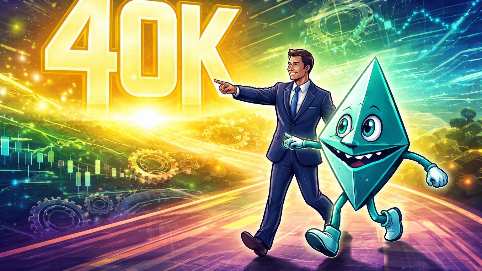 Banqueiro cartoon e personagem Ethereum caminhando para horizonte com 40K dourado luminoso, simbolizando previsão bullish de US$40 mil até 2030