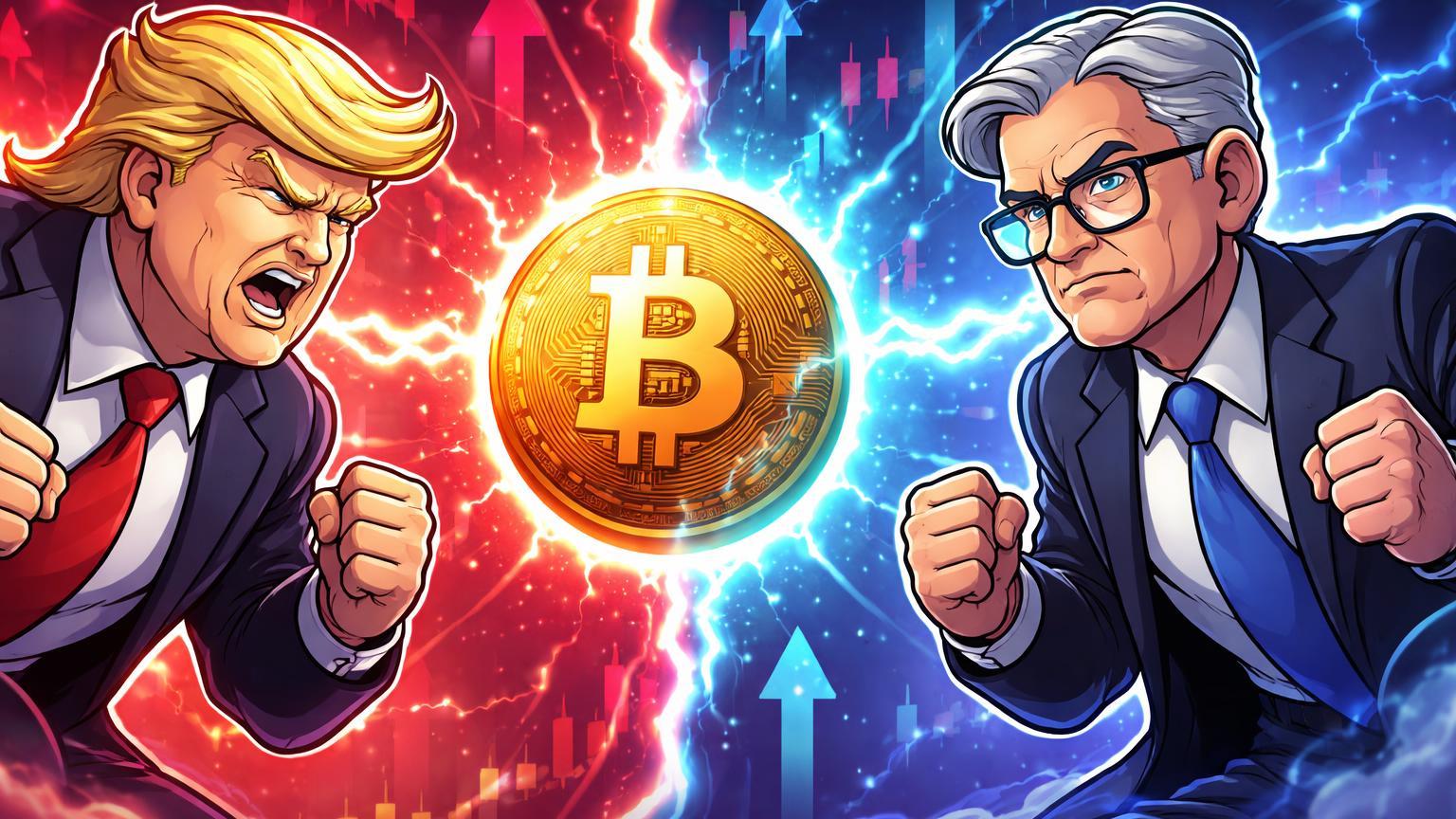 Personagens cartoon estilizados de Trump e Powell em duelo tenso, com núcleo Bitcoin estagnado entre raios de energia, simbolizando conflito macroeconômico