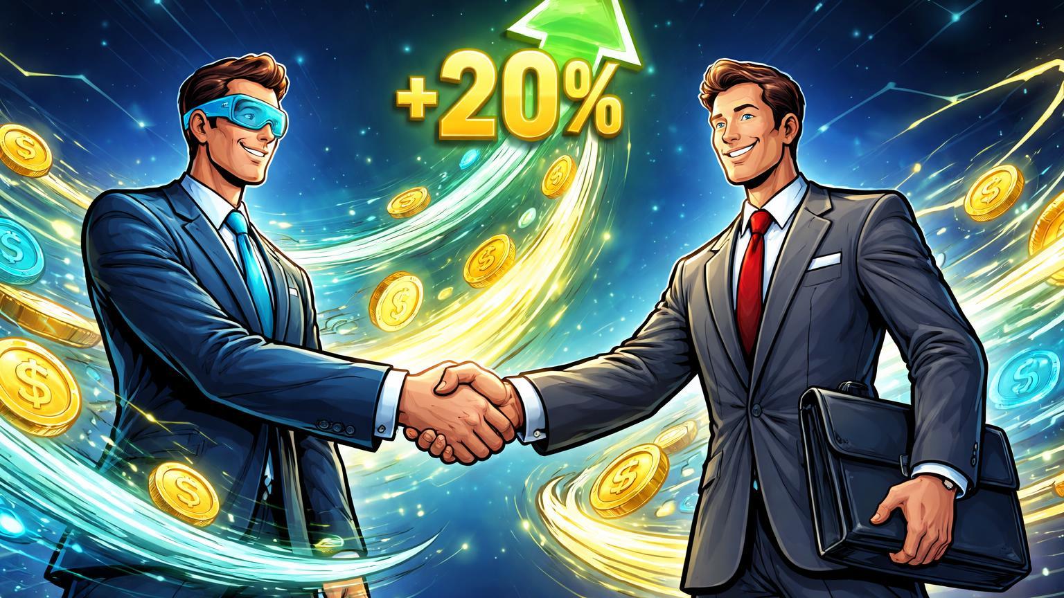 Executivos cartoon apertando mãos com fluxos de stablecoins e seta +20% ascendente, celebrando aquisição da Bakkt para pagamentos cripto