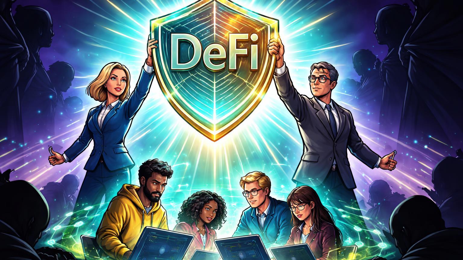 Senadores cartoon erguendo escudo DeFi protetor sobre desenvolvedores blockchain, simbolizando lei para blindar devs de regulação excessiva nos EUA