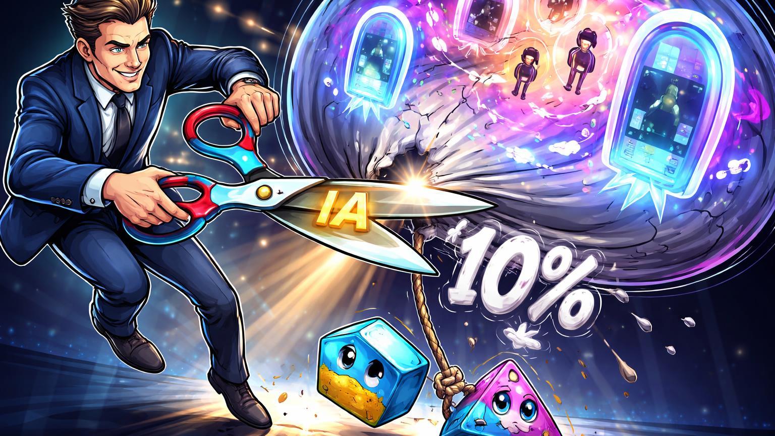 Executivo cartoon furando balão metaverso com tesoura IA, avatares SAND e MANA caindo com '10%', ilustrando cortes na Reality Labs da Meta