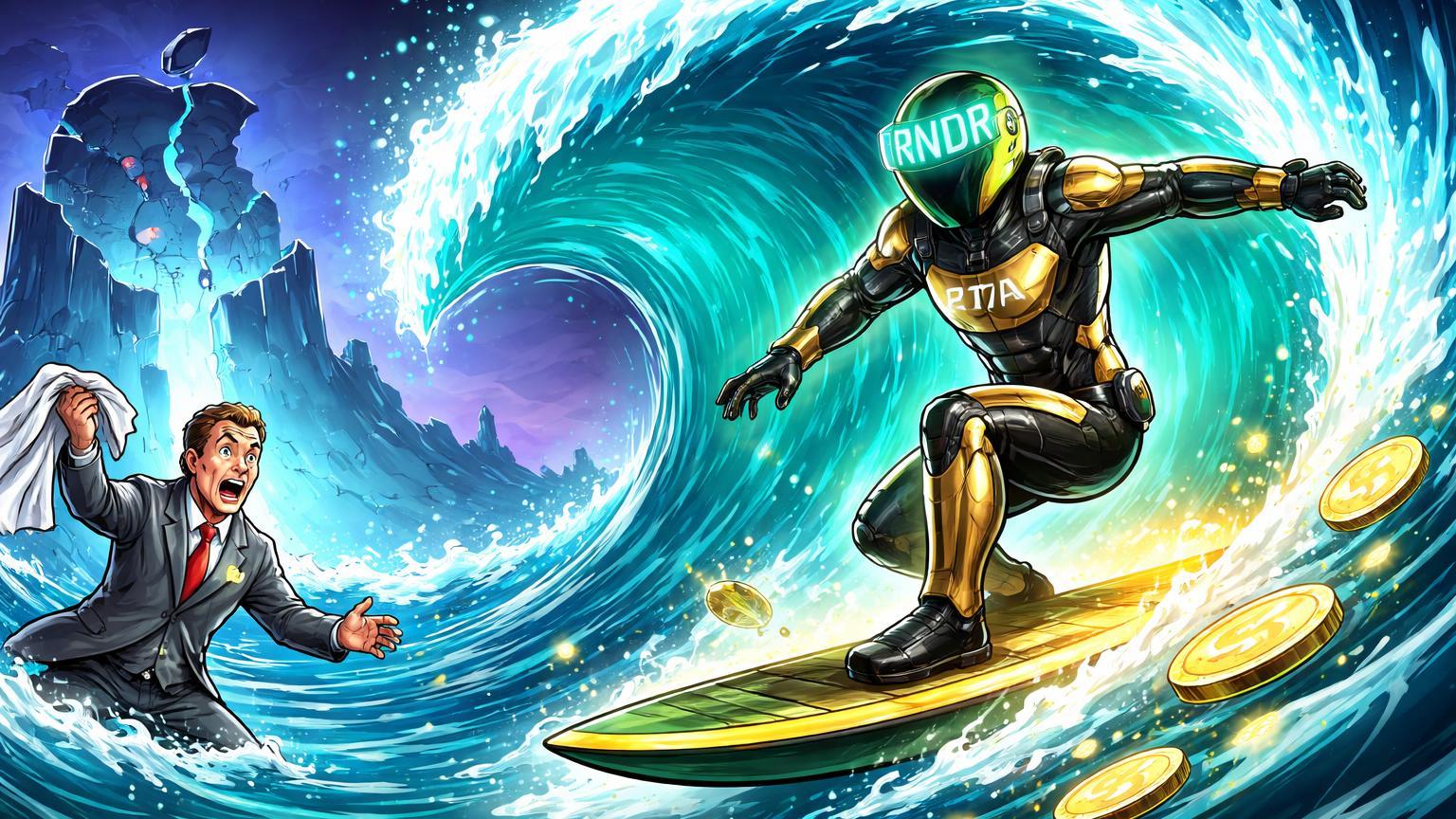 Executivo Apple cartoon jogando toalha enquanto surfista cripto IA surfa onda cyan Gemini, simbolizando adoção e alta de RNDR/TAO