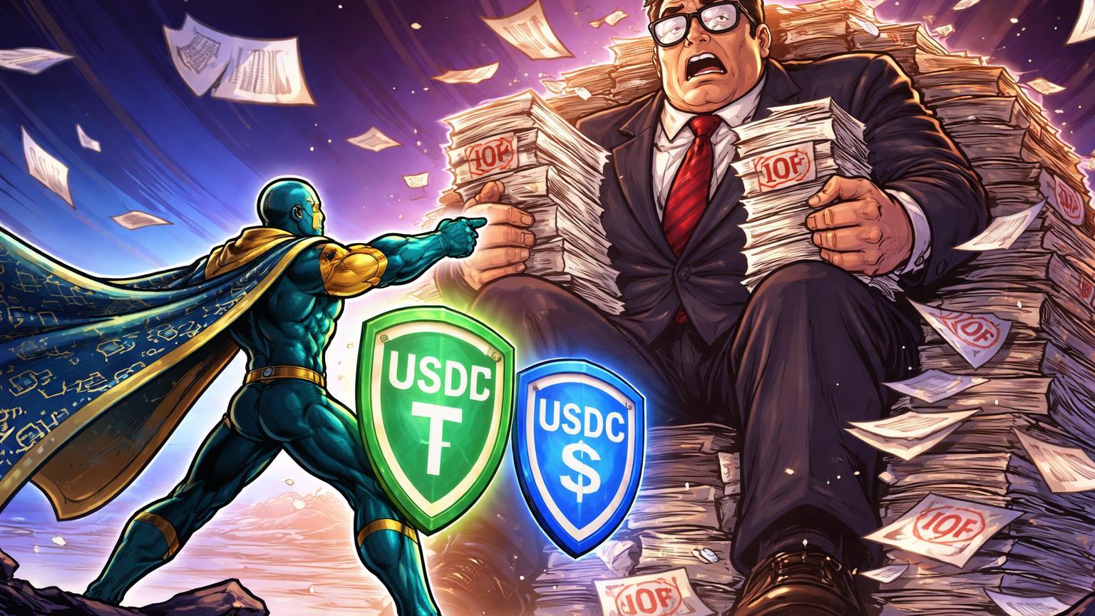 Personagem Abcripto cartoon com escudos USDT e USDC desafiando gigante burocrático com impostos IOF, simbolizando resistência à taxção de stablecoins no Brasil