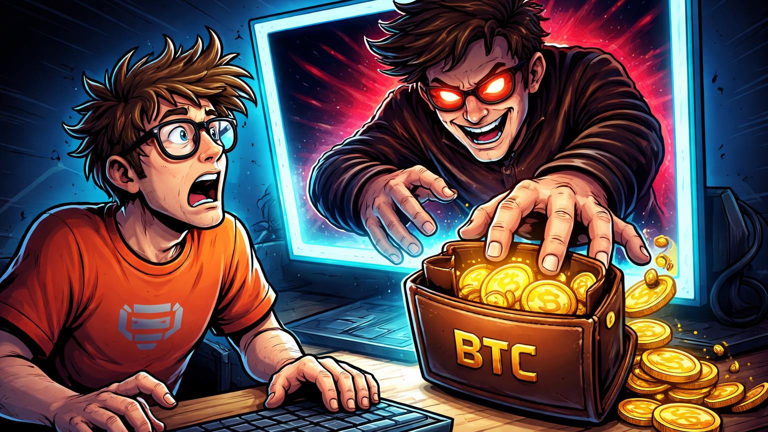 Usuário cartoon hipnotizado por clone deepfake IA em tela roubando Bitcoins de sua carteira, ilustrando ataque scam-yourself