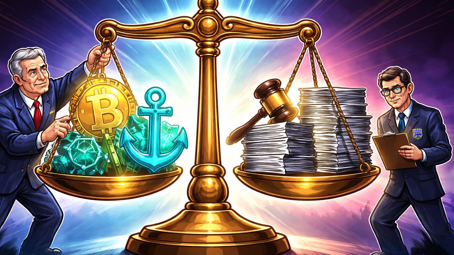 Personagens cartoon do Senado e SEC ajustando balança com símbolos Bitcoin, stablecoins e DeFi, simbolizando votação do CLARITY Act