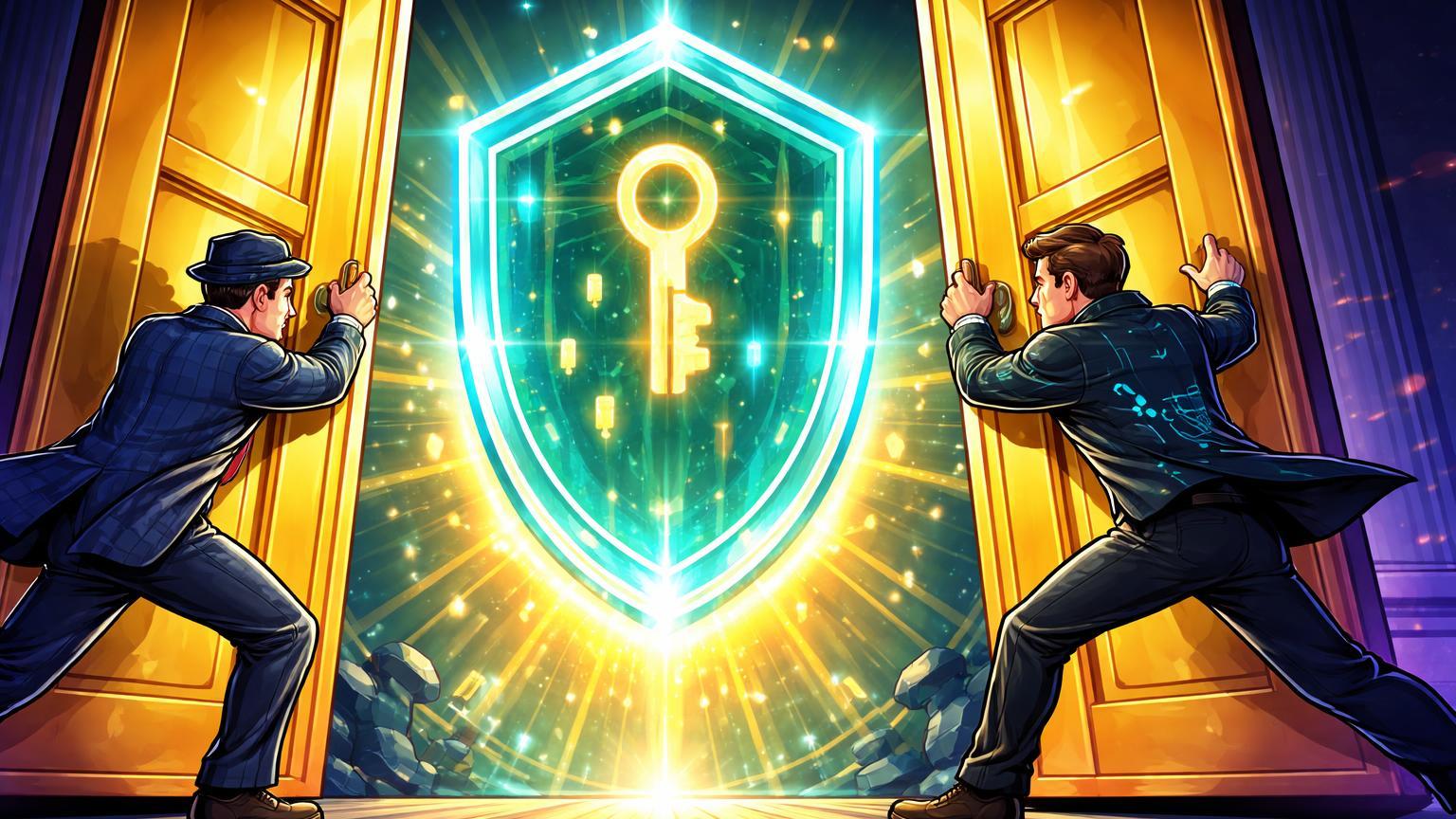 Executivos cartoon abrindo portas da NYSE com cofre digital cyan brilhante, simbolizando IPO da BitGo e avanço da custódia cripto