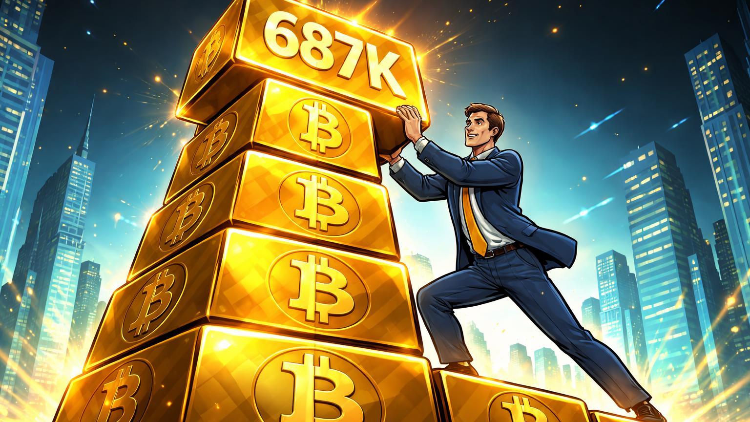 Executivo cartoon empurrando bloco BTC com 687K para pilha colossal, simbolizando compra massiva e tesouraria da MicroStrategy