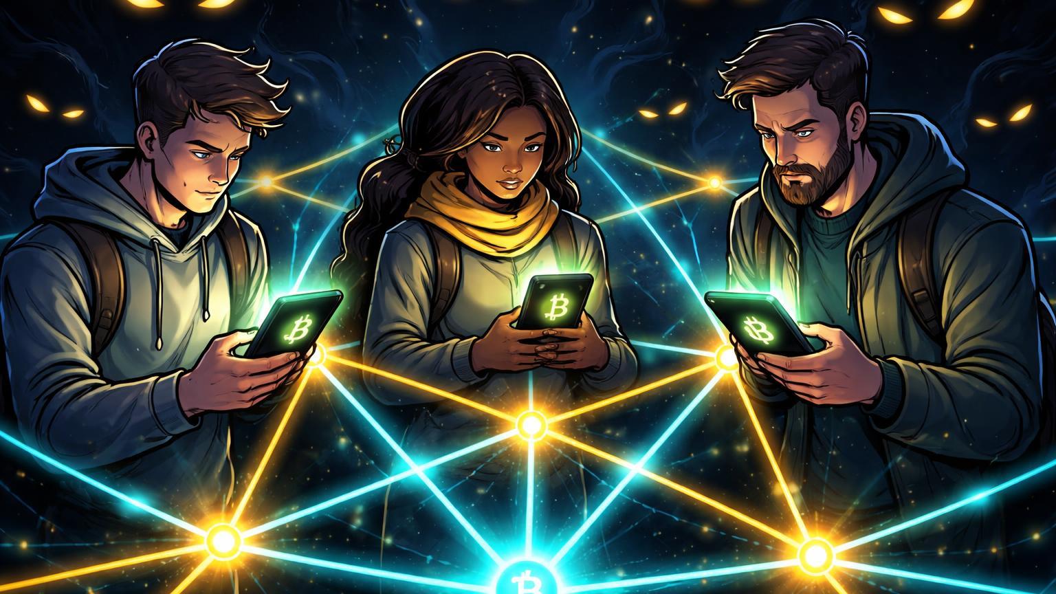 Personagens cartoon conectados por rede Bluetooth Bitcoin em blackout escuro, simbolizando resistência à censura com Bitchat no Irã