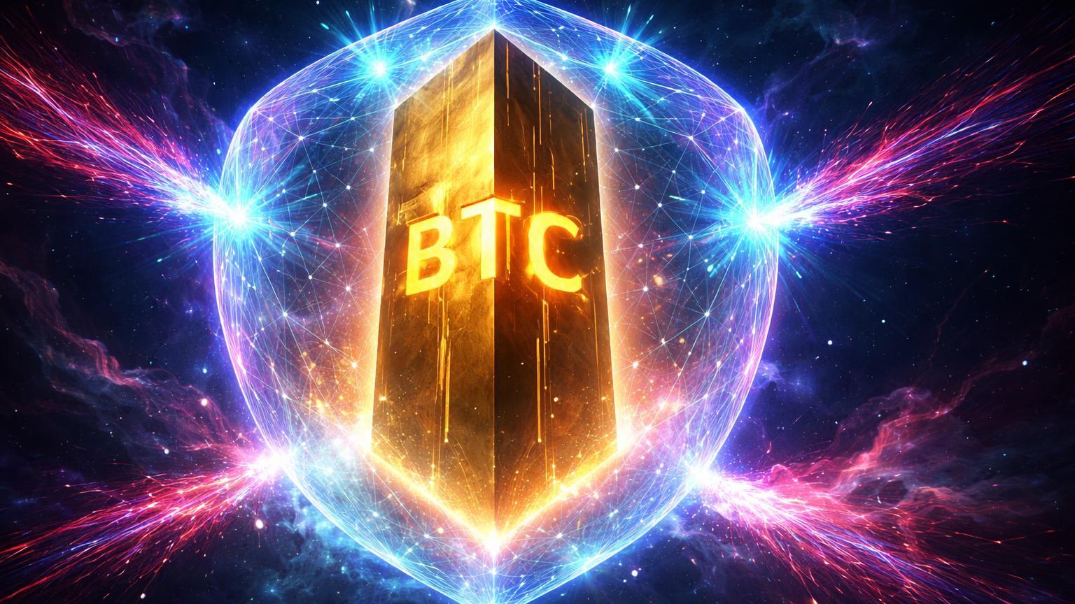 Monolito dourado BTC protegido por escudo quântico cristalino dissipando ondas de ataque, simbolizando defesa pós-quântica do Bitcoin