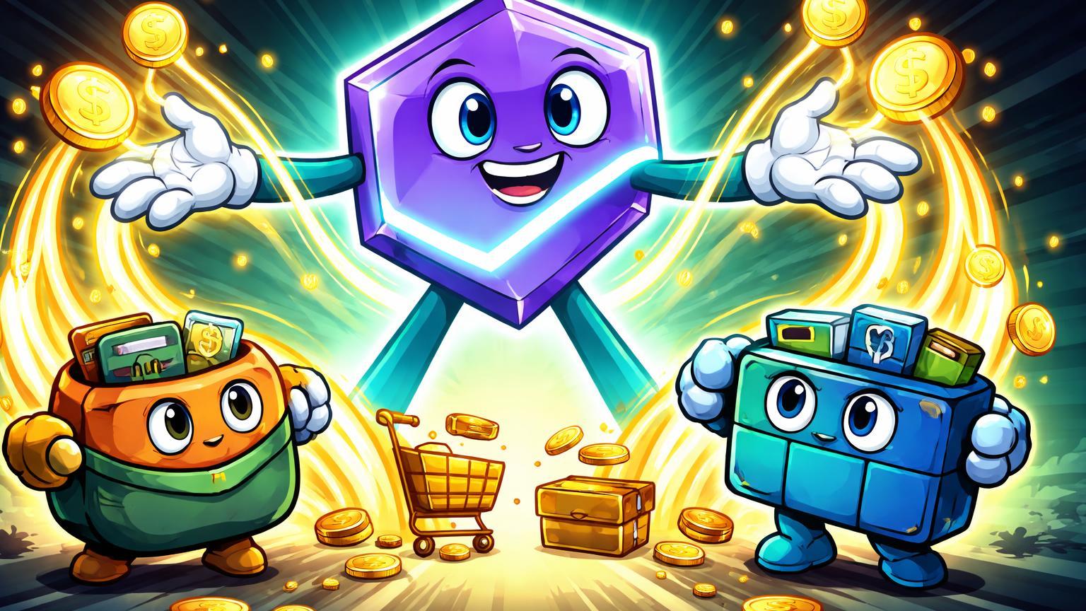 Personagem Polygon cartoon integrando Coinme e Sequence com stablecoins fluindo para pagamentos cotidianos, simbolizando aquisições para adoção prática de cripto