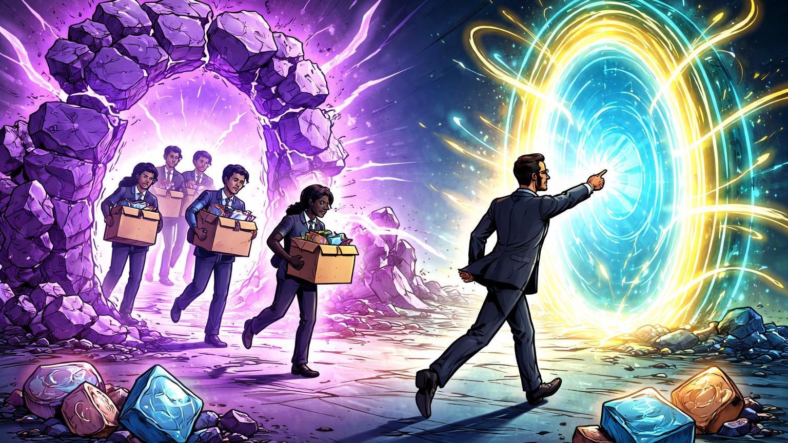 Funcionários cartoon saindo de portal metaverso colapsado enquanto executivo direciona para portal IA luminoso, simbolizando pivot da Meta e impacto em tokens SAND e MANA