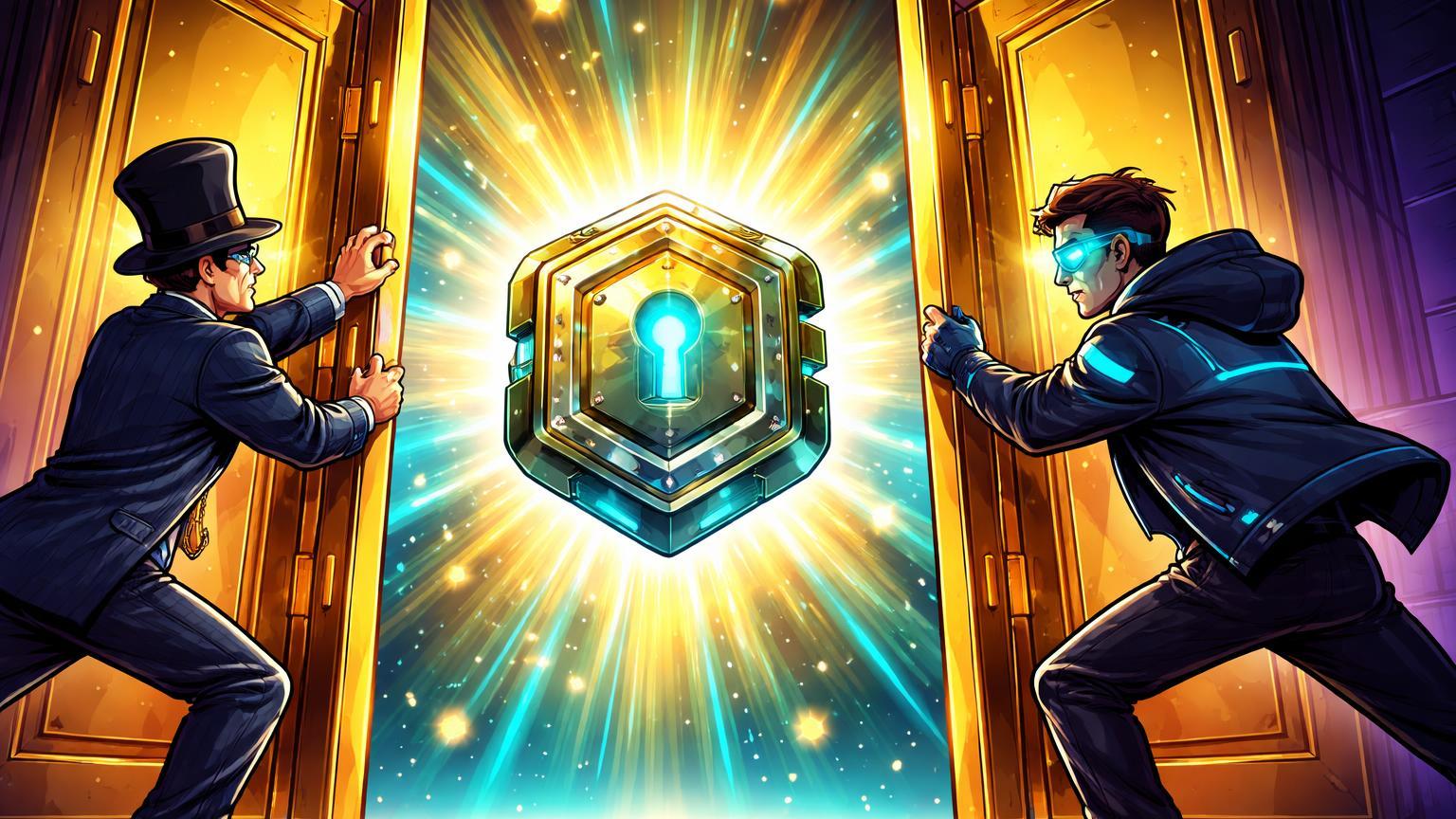 Executivos cartoon abrindo portas da NYSE com cofre digital flutuante, simbolizando IPO da BitGo e futuro institucional da cripto