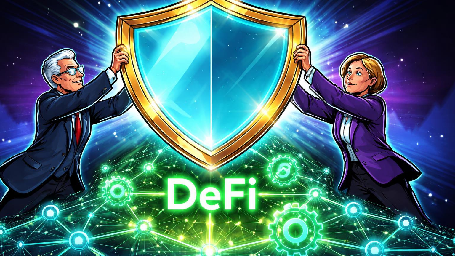 Senadores cartoon erguendo escudo cyan-dourado sobre rede DeFi pulsante, simbolizando proteção do CLARITY Act no Senado EUA