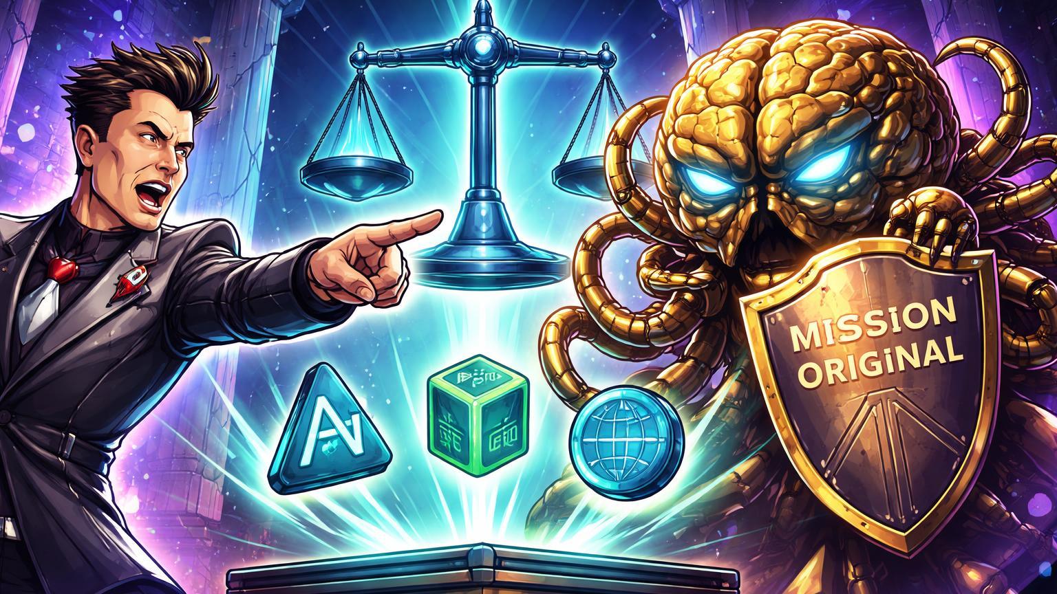 Personagens cartoon de Elon Musk acusando cérebro OpenAI em tribunal digital com balança e tokens IA tensos, ilustrando julgamento de 2026