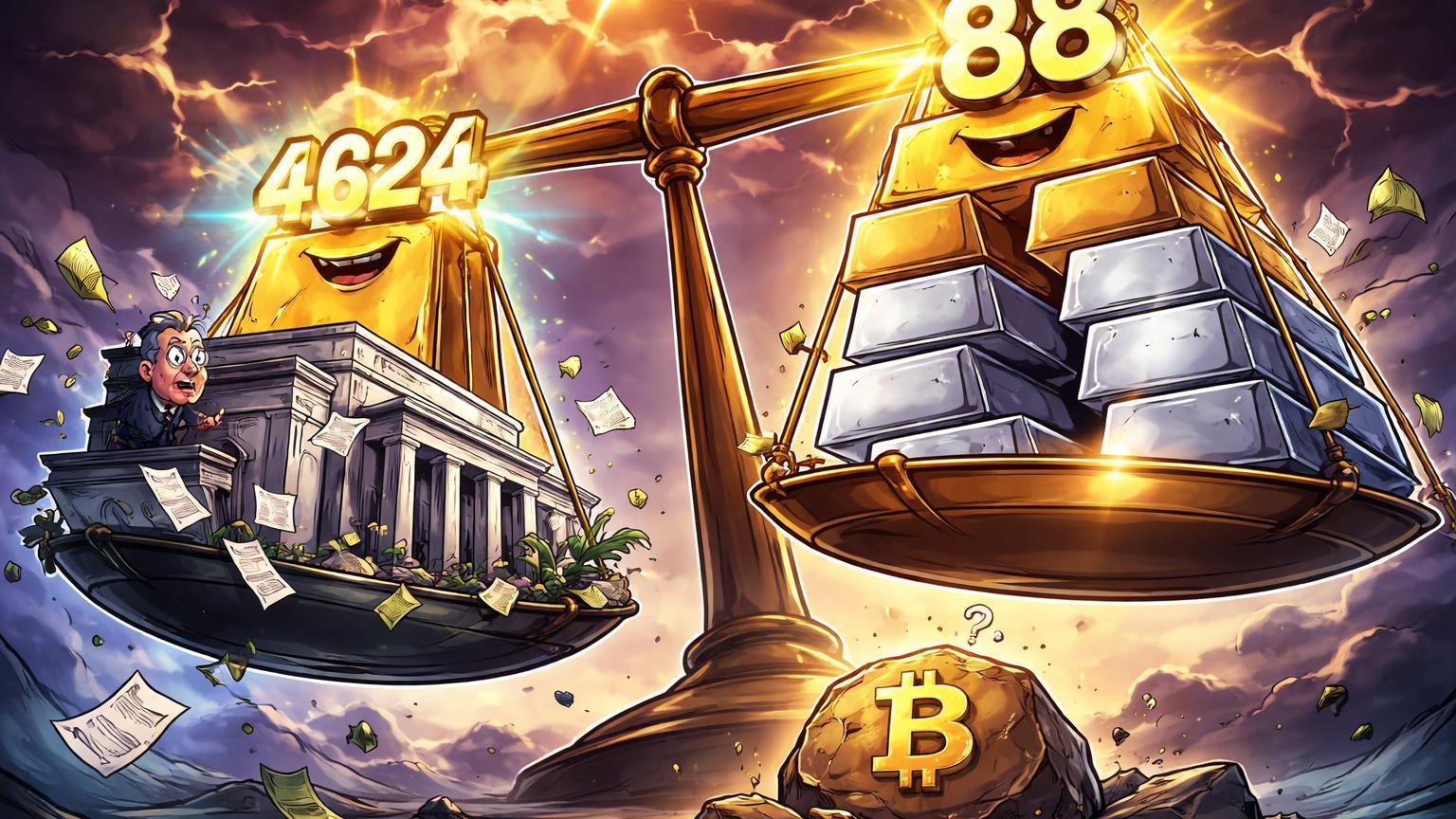 Balança cartoon com barras de ouro e prata em recordes superando prédio Federal Reserve rachado, Bitcoin resistindo, em crise econômica
