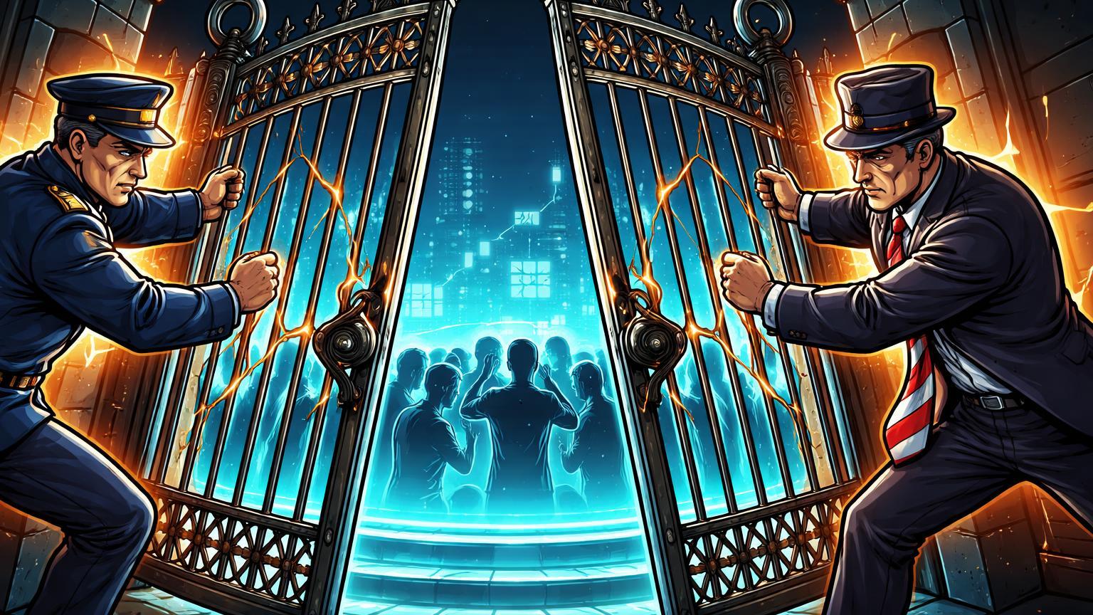 Personagens reguladores cartoon fechando portões ao redor de arena digital com traders ansiosos, simbolizando bloqueios a Polymarket e Kalshi por Ucrânia e Tennessee