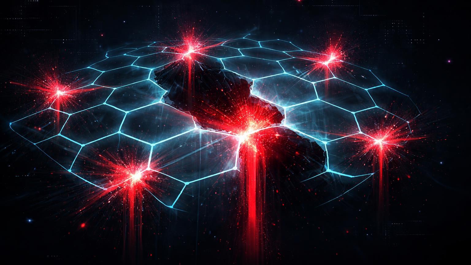 Rede hexagonal Web3 translúcida com brechas vermelhas drenando energia, simbolizando US$ 27,5 milhões perdidos em exploits recentes