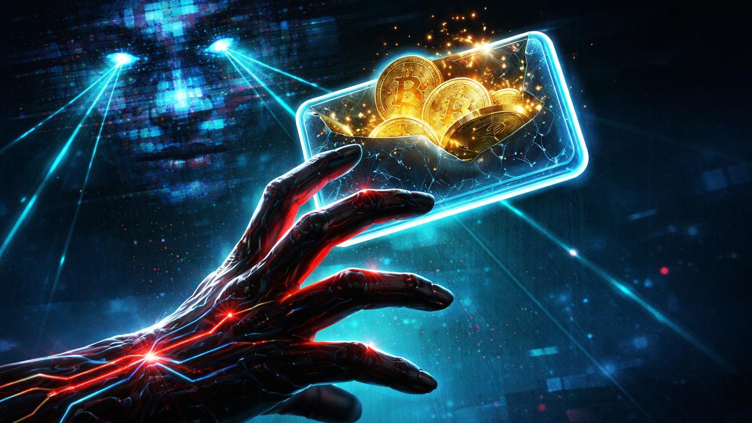 Mão estilizada com circuitos neon roubando carteira de Bitcoins de tela deepfake distorcida, alertando para fraudes Scam-Yourself