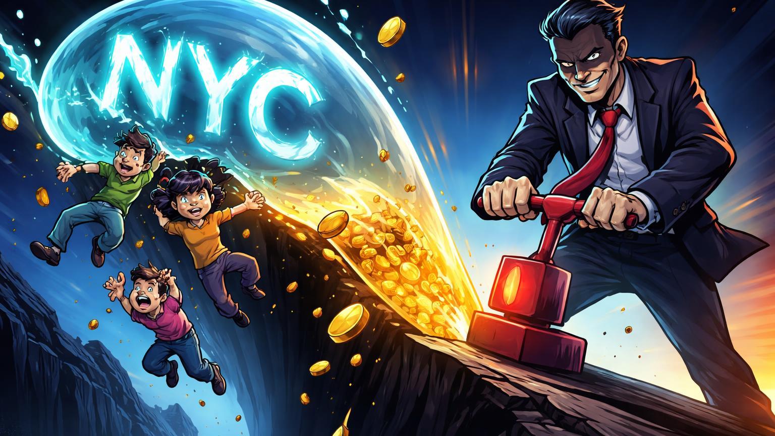 Personagem cartoon golpista drenando liquidez dourada de bolha NYC desinflando, com holders chocados caindo, expondo rug pull em celebrity coin