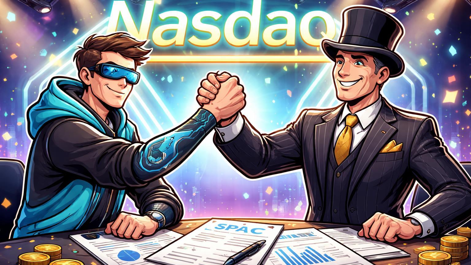 Executivos cartoon crypto e Wall Street em handshake sobre documentos SPAC sob sinal Nasdaq neon, marcando avanco da Kraken para bolsa