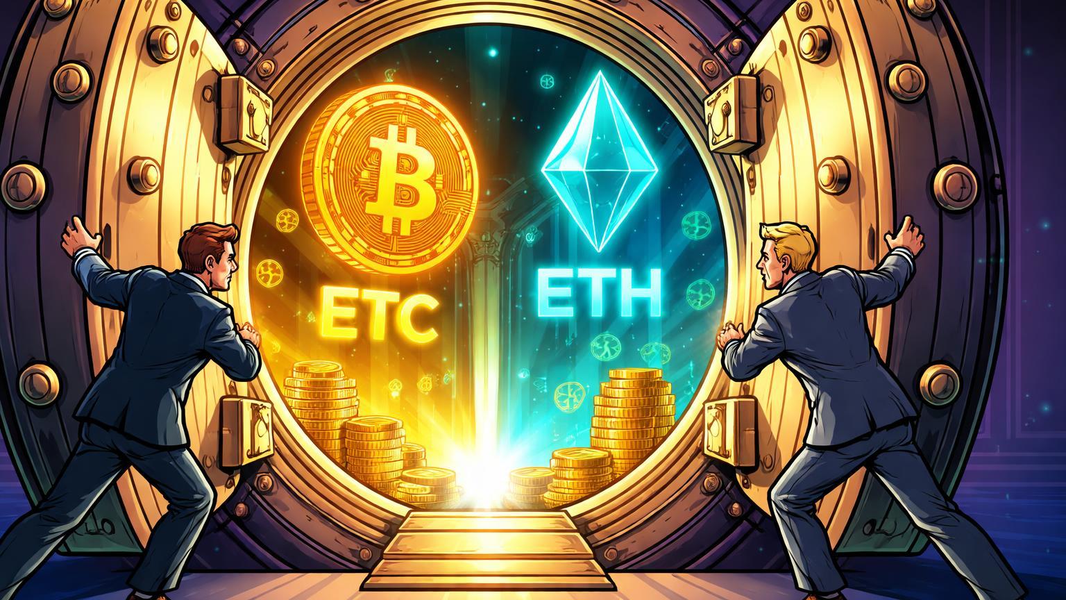 Banqueiros cartoon abrindo cofre tradicional revelando Bitcoin e Ethereum luminosos com siglas BTC e ETH, simbolizando adoção cripto em apps alemães