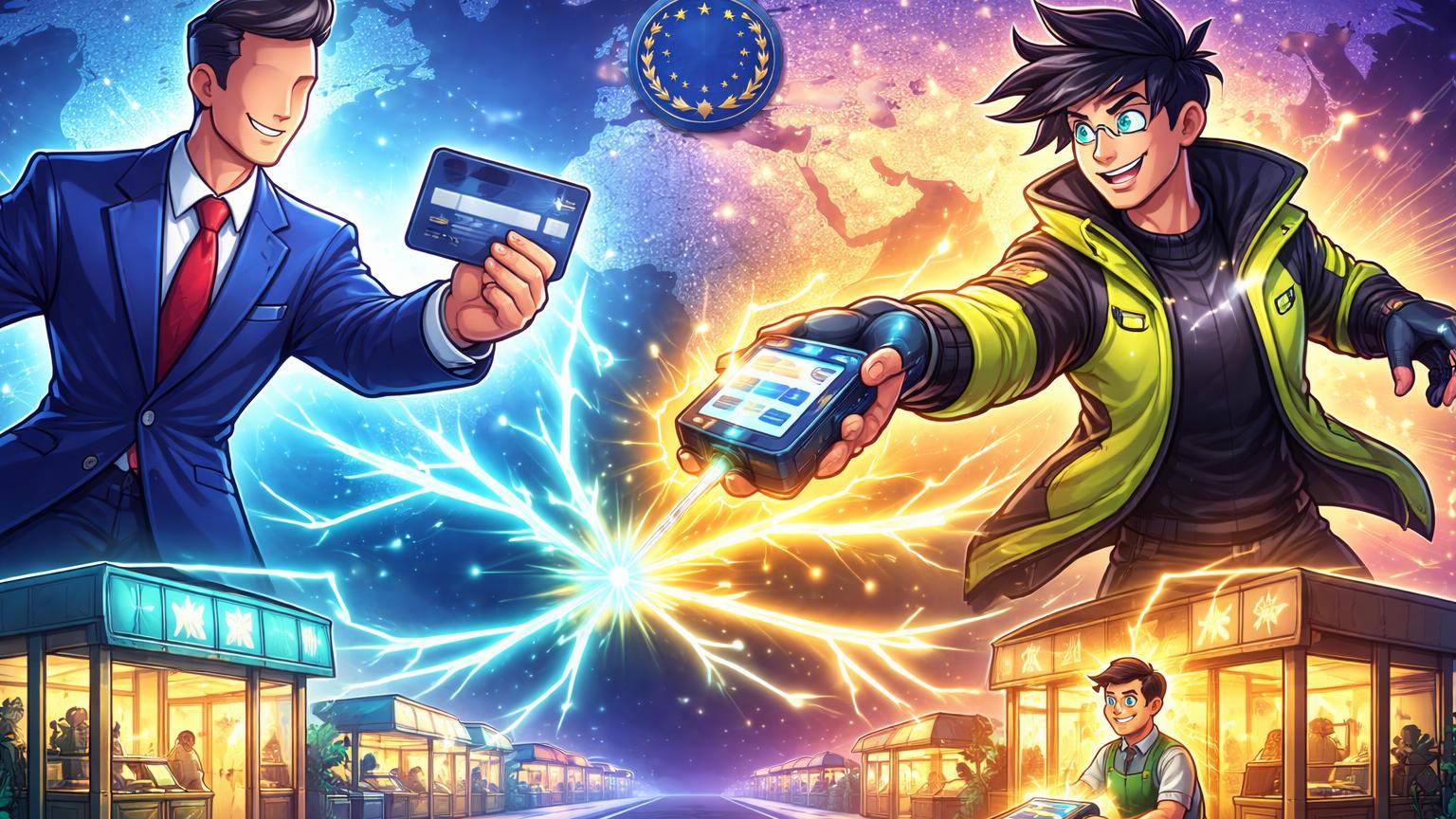 Personagens cartoon de Visa e stablecoins conectando terminais com raios cyan-dourados para pagamentos instantâneos globais, com lojista recebendo