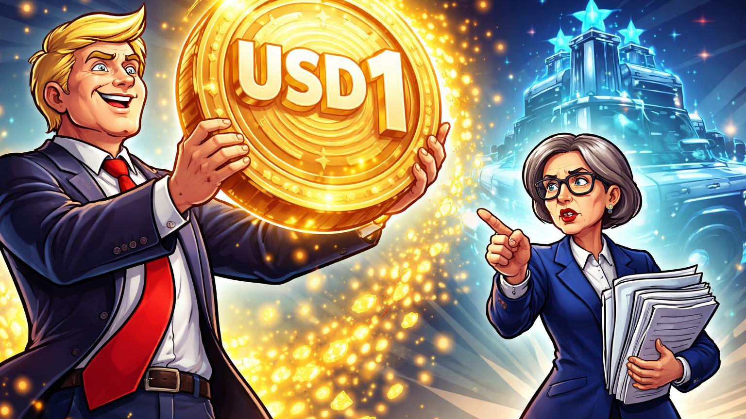 Líder político cartoon erguendo stablecoin USD1 atraindo capital, confrontado por senadora com documentos regulatórios, simbolizando DeFi polêmico de Trump