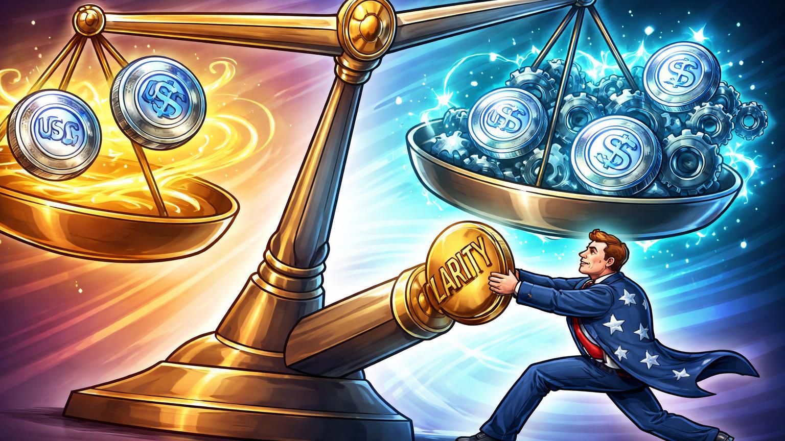 Legislador cartoon empurrando balança regulatória para transformar yields passivos de stablecoins em atividades ativas no CLARITY Act