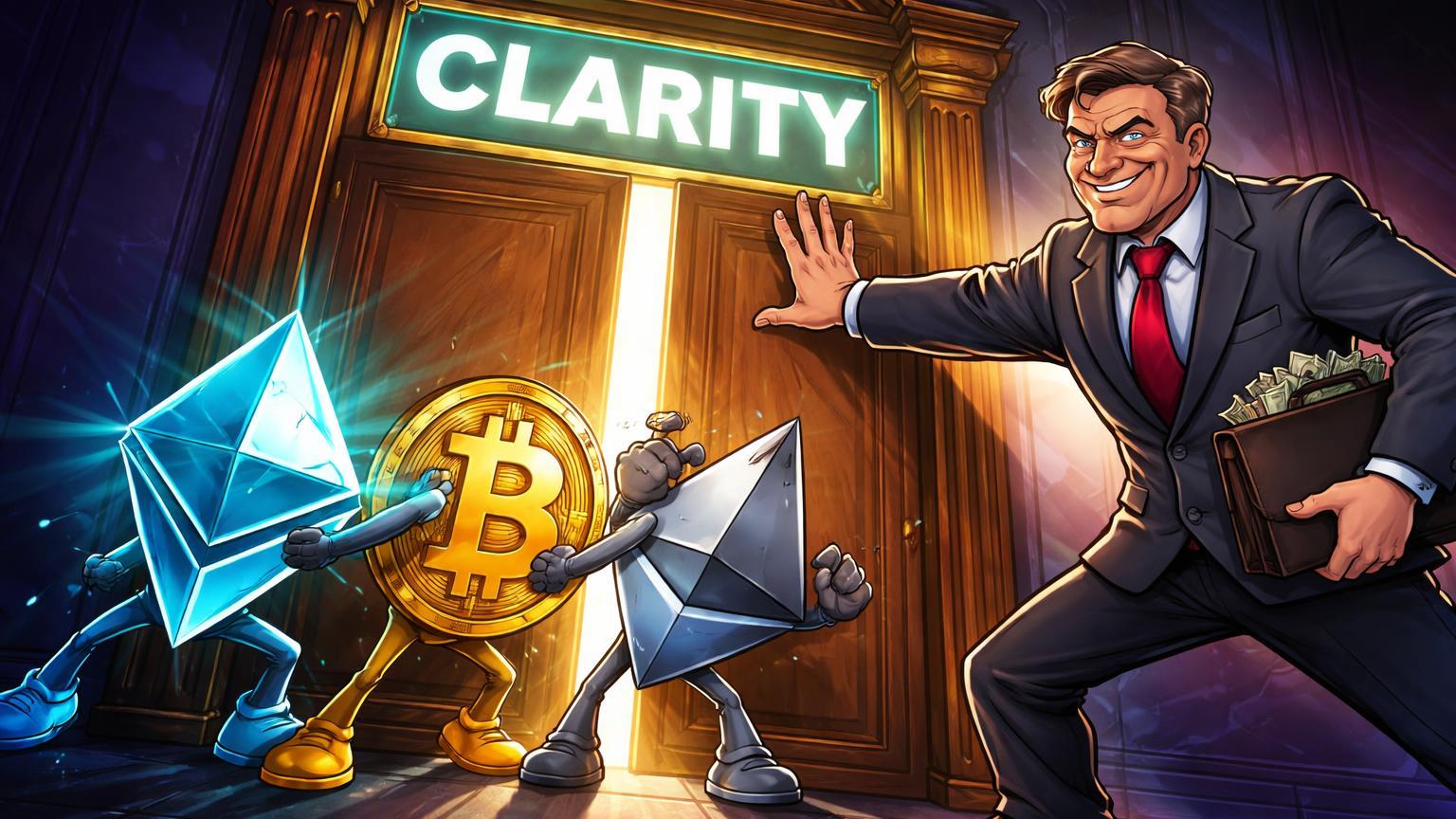 Lobista bancário cartoon bloqueando porta 'CLARITY' enquanto personagens cripto empurram, simbolizando lobby de Wall Street contra regulação nos EUA