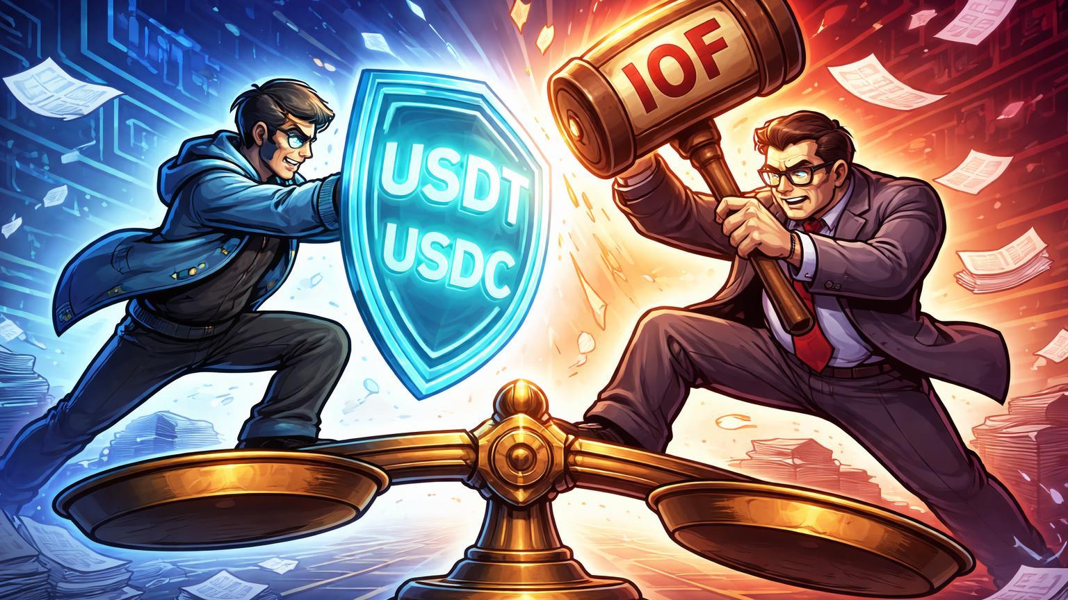 Personagens cartoon de ABCripto com escudo stablecoins versus burocrata com martelo IOF em balança, ilustrando batalha judicial contra imposto no Brasil