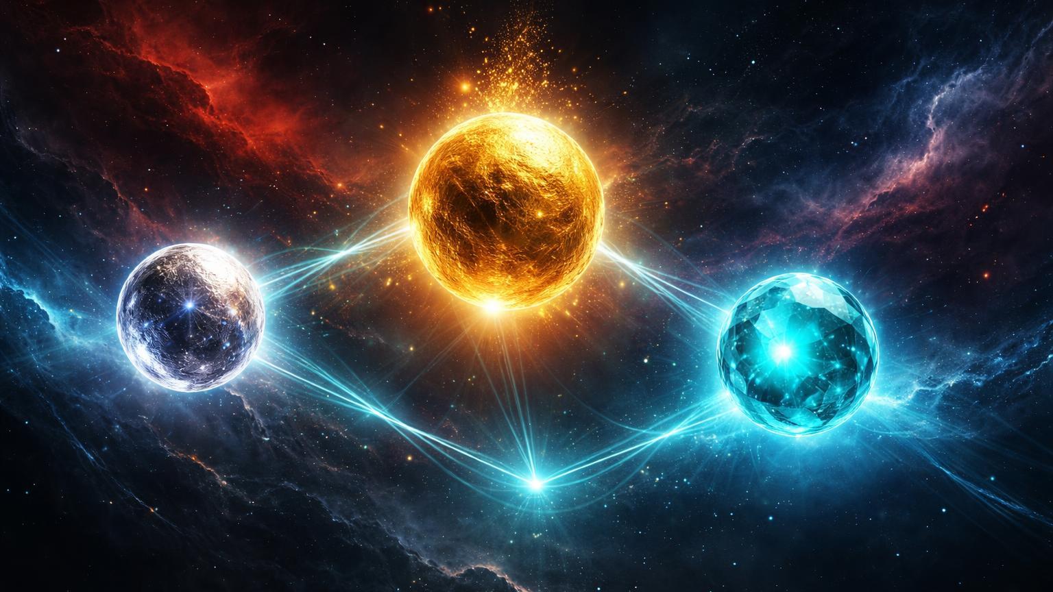 Orbes luminosos de ouro dourado, prata prateada e Bitcoin cyan conectados em cosmos turbulento, simbolizando fuga para ativos reais amid fraqueza do dólar