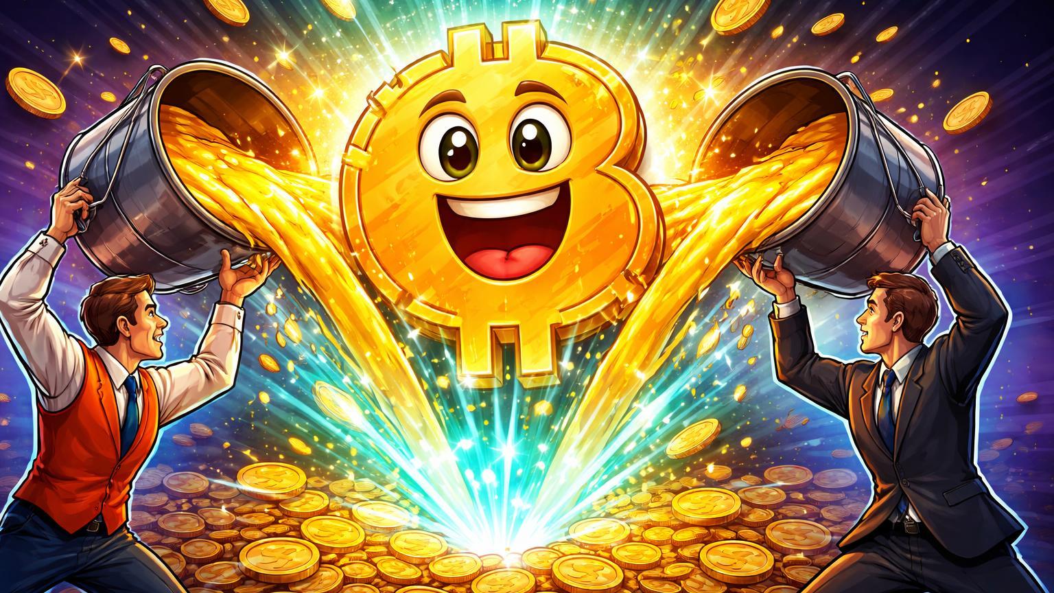Executivos cartoon despejando baldes de ouro líquido em núcleo Bitcoin animado, celebrando inflows recordes de US$ 753M em ETFs spot