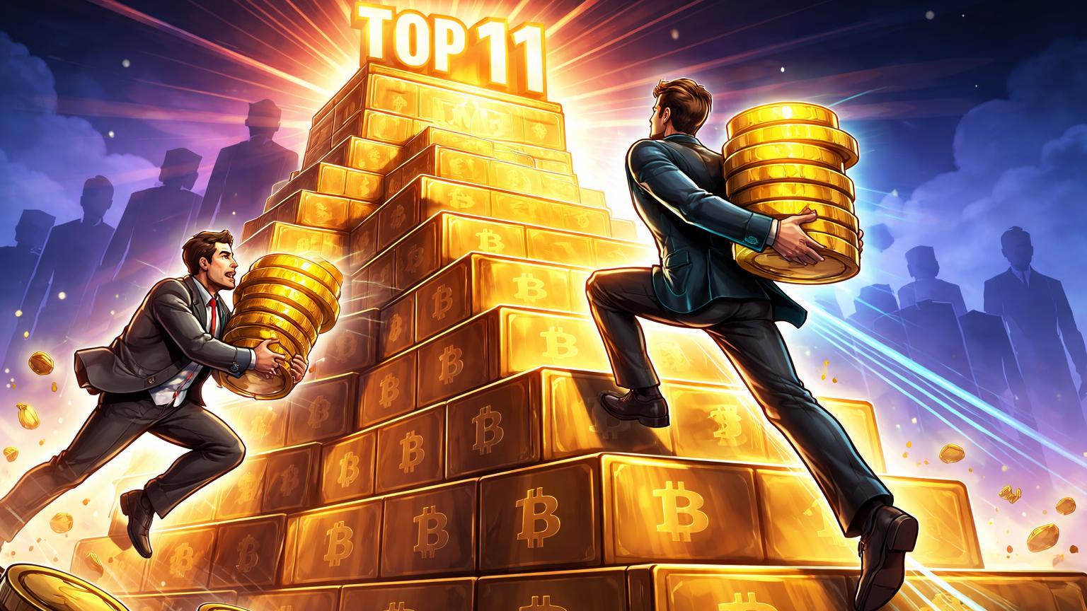 Executivos cartoon competindo em escadaria de BTC, Strive ultrapassando Tesla para entrar no top 11 de tesourarias corporativas